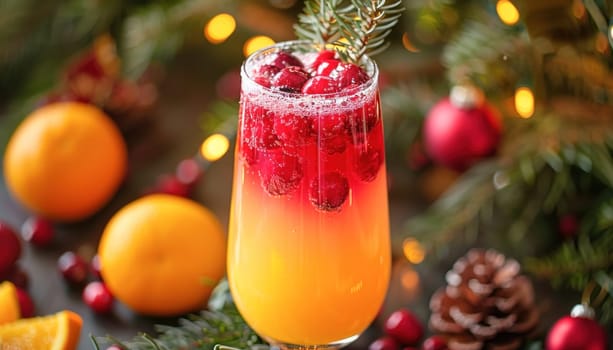 A glass of orange juice with cranberries and a straw by a Christmas tree, a festive drink presentation