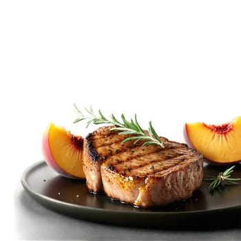 Grilled pork chops with a peach bourbon glaze and a sprinkle of chopped rosemary Summer. close-up food, isolated on transparent background