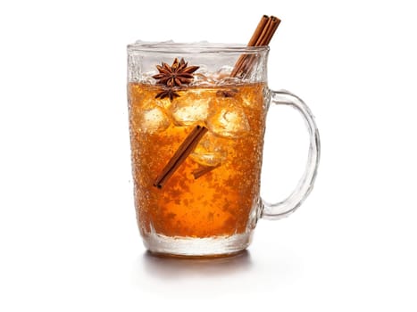 Chai soda in a clear mug star anise and cinnamon sticks spicy and aromatic dynamic. Drink isolated on transparent background.