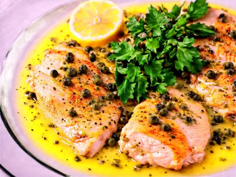 Gluten free chicken piccata with capers and lemon sauce served on a transparent glass plate. Food isolated on transparent background.