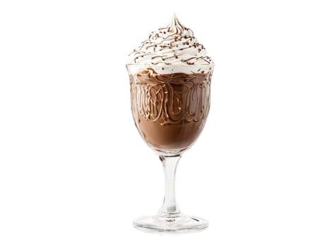 Rich mocha in a rounded glass with chocolate swirls on the inner surface whipped cream. Drink isolated on transparent background.
