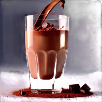 Chocolate milk with cocoa powder milk and ice cubes spinning in a glass with liquid. Food isolated on transparent background.