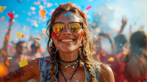 A smiling woman adorned with confetti enjoys a vibrant festival atmosphere.