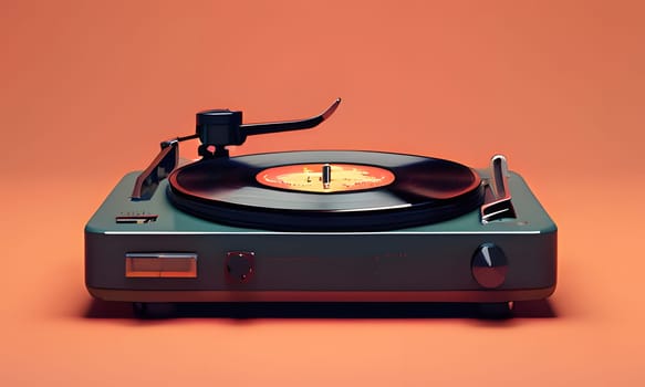 A classic, green-colored turntable is positioned on an orange surface. The turntable has a black vinyl record spinning on its platform, with the needle placed in the groove. The tonearm is raised, and a knob on the side of the device is visible.