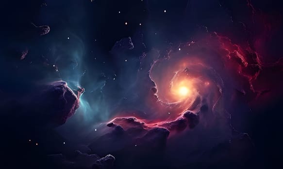 A swirling nebula in deep space glows with vibrant hues of purple, pink, and red. Glowing gas and dust coalesce into a mesmerizing spiral, casting long shadows across the surrounding darkness. Scattered stars twinkle in the distance, adding to the awe-inspiring beauty of the scene.