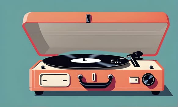 A retro, red record player with its lid open sits on a blue background. It features a black vinyl record on the turntable, a white label, and a silver tonearm. The player also has a small black knob on the front and a black handle.