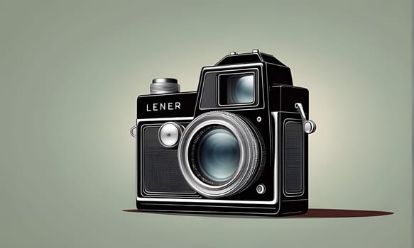 An illustration of a vintage black camera with a silver lens, sitting on a green background. The camera has a brand name, Lener, on the front.