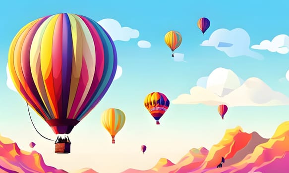 This image depicts a stunning view of a vibrant blue sky filled with multiple hot air balloons of various colors and patterns. They gracefully ascend above a picturesque desert landscape, painted in hues of pink, yellow, and orange. The image captures the beauty of hot air ballooning, showcasing the mesmerizing sight of these colorful vessels against the backdrop of a magnificent natural scene.