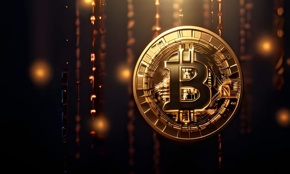 A single, golden Bitcoin coin is hanging from chains against a dark background with small, warm lights in the background. The coin is highly detailed and appears to be made of real gold.
