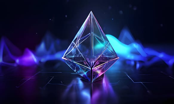 A crystal gem with a geometric, faceted design sits on a black surface, illuminated by vibrant blue and purple neon lights. The gem reflects the colors, creating a vibrant and futuristic scene. A blurry background features abstract digital shapes, suggesting a digital or virtual environment.