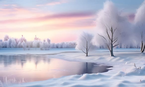 A frozen lake reflects the soft hues of sunrise, illuminating a snowy landscape. The trees, frosted with snow and ice, stand tall against the light blue sky, adding a sense of tranquility to the scene. The snow-covered ground stretches out in the distance, making the scene feel vast and peaceful.