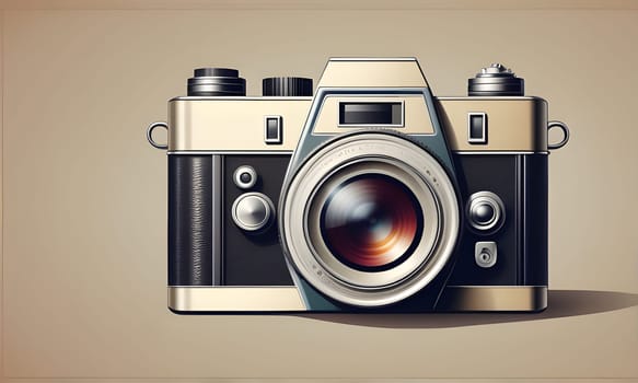 A close-up shot of a vintage film camera with a leather covering, the camera is isolated on a beige background. The camera lens is in focus, and the camera is slightly tilted to the right.