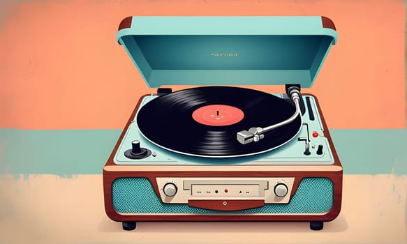 A vintage turntable with a wooden frame and a blue and beige design is playing a black vinyl record. The turntable is sitting on a table with a textured surface. The record is spinning, and the needle is moving across the groove.