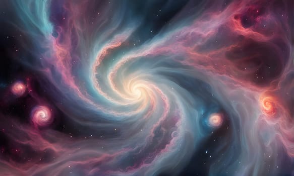 A vibrant spiral galaxy with a bright center and swirling arms of gas and dust, surrounded by scattered stars and smaller galaxies in the vast expanse of space. The galaxy is painted in shades of blue, pink, and white, with hints of red and orange highlighting the swirling gas clouds.