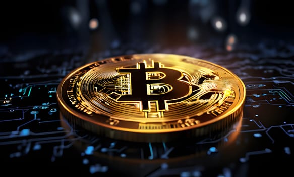 A close-up image of a gold Bitcoin coin resting on a circuit board with a blurred background of more circuit board and glowing lights. The coin is in focus, highlighting the details of its design.