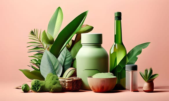 A still life photograph featuring two green glass bottles, a green plastic bottle, and a wooden bowl filled with green powder. The bottles are surrounded by lush tropical greenery and placed on a pink background. The image conveys a sense of natural, healthy living and wellness.