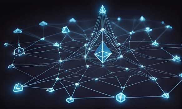 A blue, glowing, abstract representation of a digital network, with numerous interconnected nodes in the form of pyramids, suggesting a blockchain network. A large, central pyramid is highlighted, symbolizing the core of the network. The background is dark blue, emphasizing the digital nature of the image.