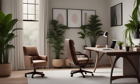 A modern home office desk with two brown leather chairs sits in a sunlit room, with a laptop and a lamp on the desk. There are palm plants and other greenery in pots around the room.