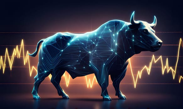 A stylized, digital bull, composed of glowing lines and dots, stands confidently in front of a yellow stock market chart. The chart is rising and falling against a dark background.