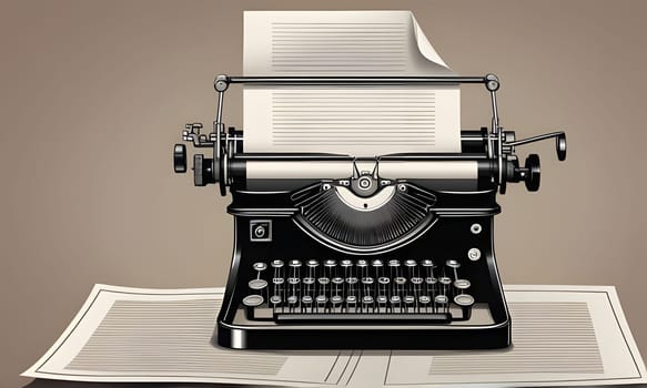 A classic, black typewriter sits on a desk with a sheet of blank paper resting beneath the roller. The typewriter's carriage is up, and the paper is ready to be filled with words.