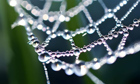 A delicate spiderweb, glistening with morning dew, catches the light of the early sun, creating a beautiful display of nature's intricate designs.