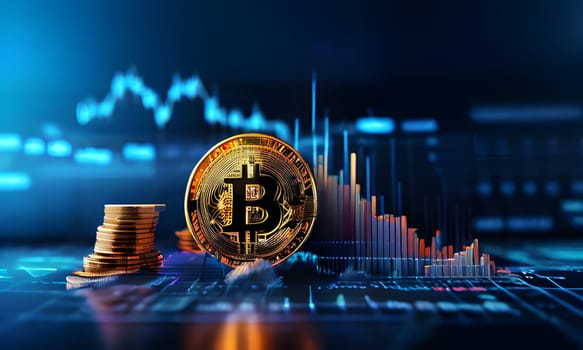 A close-up of a gold Bitcoin cryptocurrency coin on a digital screen displaying stock charts. The coin is in focus, with the stock chart in the background out of focus.