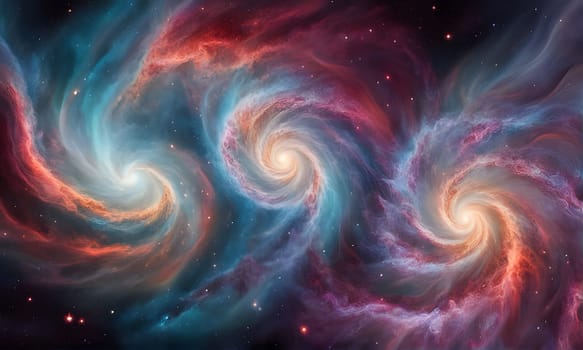 A colorful image of three spiral galaxies with swirling arms of gas and dust, lit by stars. The galaxies are a brilliant blue, pink, and red, and they are set against a black background studded with stars.