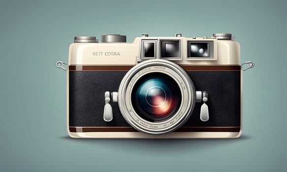 A vintage camera with a brown leather body and silver lens is shown against a light blue background. The camera has a silver strap and a small silver lens cap.