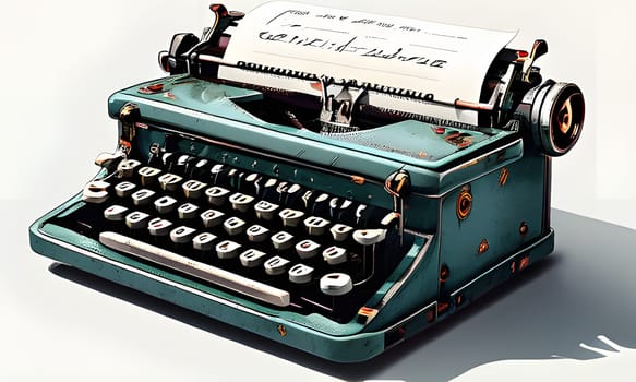 A close-up of an old blue typewriter with a sheet of paper inserted, the keys are black with white lettering, and there is a rolled up piece of paper in the carriage. The typewriter is resting on a white surface, and there is a shadow beneath it.