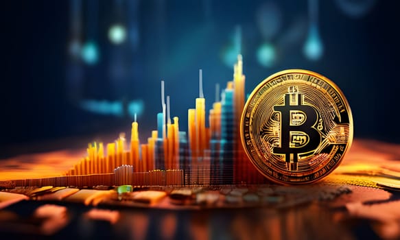 A golden Bitcoin coin sits on a textured surface, with an abstract depiction of a financial chart behind it. The chart is made of vertical bars, with varying heights and colors of orange, yellow, and blue. The coin is in focus and appears to be rising above the chart, suggesting a positive market trend.