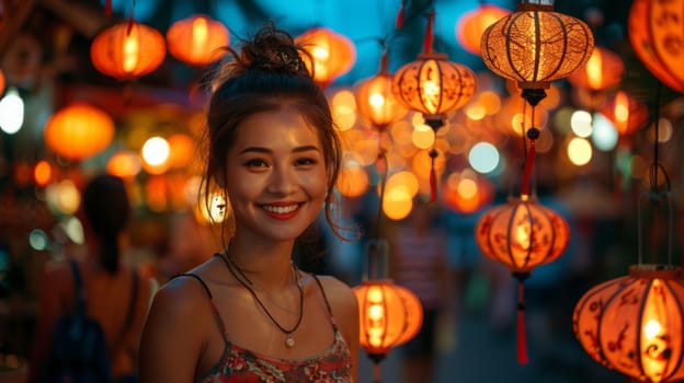 A woman standing in the foreground, surrounded by a variety of colorful lanterns hanging from above, creating a vibrant and festive atmosphere.