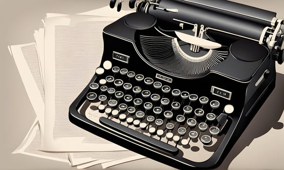 A classic black typewriter rests on a stack of manuscript paper, suggesting a writer's desk or a workspace for creative writing. The typewriter's keys are visible, ready for the next story to be typed. The papers beneath the typewriter appear to be filled with handwritten notes, hinting at the process of drafting and revising before the final product is typed.