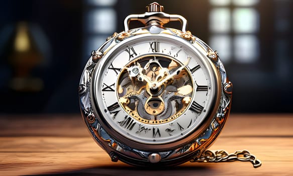 A detailed pocket watch with a silver casing and an exposed, gold gearwork sits on a dark wood surface. The watch face is white with Roman numeral markings and intricate detailing around the edge. A delicate chain lays beside the watch.
