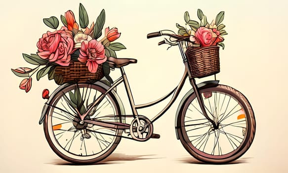 A classic bicycle with a wicker basket overflowing with pink roses and other assorted flowers is drawn in a whimsical style on a cream-colored background.