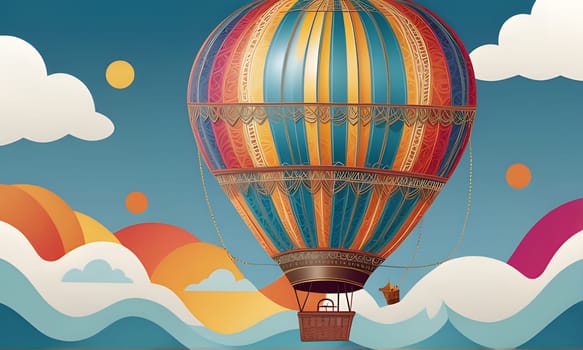 A vibrant hot air balloon with colorful stripes and intricate details floats in the sky surrounded by fluffy white clouds and bright orange suns. The balloon is tethered with a long chain, and a small basket hangs underneath.