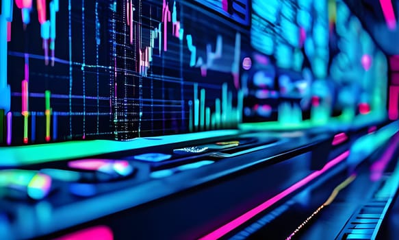 A close-up perspective of a stock market data screen displaying financial charts and graphs, with colorful lines and numbers. The screen is part of a larger wall of screens in a modern trading room, suggesting a dynamic and high-tech environment. The lighting is vibrant and illuminating, highlighting the intricate details of the financial data being presented.