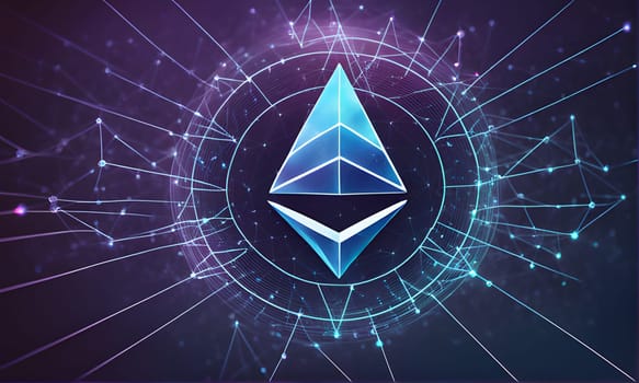 A digital representation of the Ethereum logo, a blue triangle with a smaller triangle within, is centered in a circle of interconnected lines and dots. The background is a dark, almost black, purple gradient with subtle, glowing light effects.