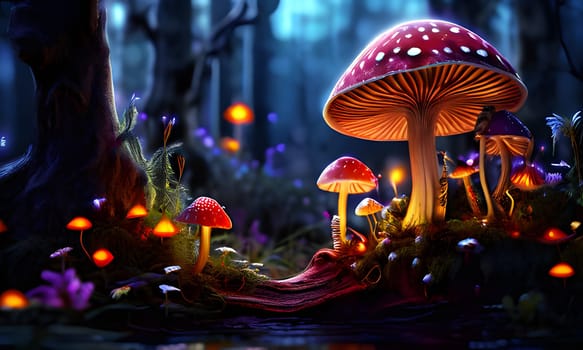 A large red and white mushroom with white spots stands tall in the center of the image, surrounded by smaller mushrooms of various colors. The forest is dark and mysterious, with glowing lights and a dreamy atmosphere.