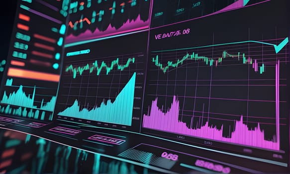 The image depicts a computer screen displaying financial data. The screen is filled with various line and bar graphs showcasing stock market information. The colors used are primarily blue, pink, and green against a black background, creating a dynamic visual representation of fluctuating market trends.