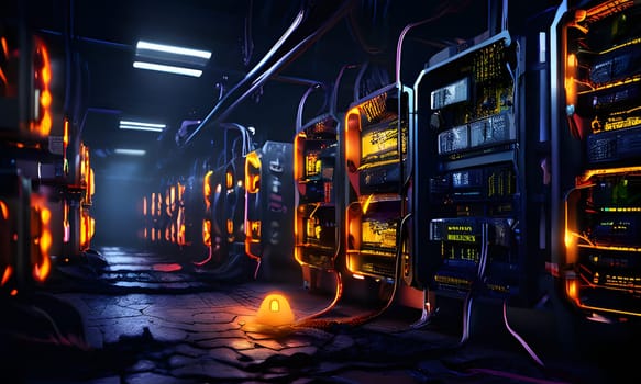 A long, narrow corridor filled with glowing servers, illuminated by orange lights and with a single, bright, glowing object in the foreground. The floor is made of dark stone with cracked and uneven surfaces. The servers are tall and complex, with multiple levels of hardware, cables, and lights.