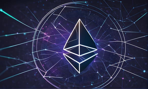 The Ethereum logo, a white triangle with three lines inside, is displayed against a dark purple background with a light blue network of lines. The network extends from the edges of the image.
