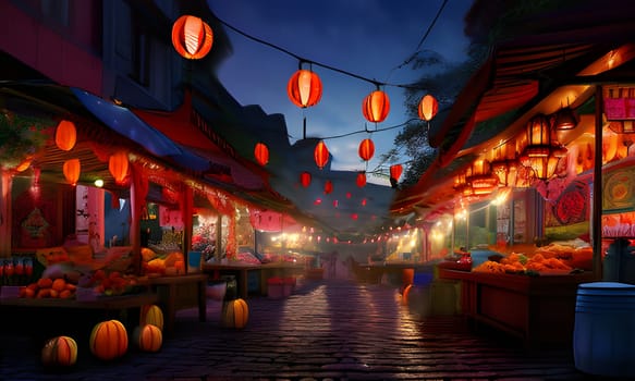 A bustling night market scene with rows of food stalls lit by red paper lanterns. The stalls are filled with fresh fruit and vegetables, and people are browsing and shopping. The cobblestone street is wet from recent rain, and the atmosphere is lively and festive.