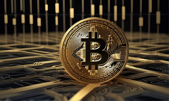 A gold Bitcoin coin rests on a circuit board, with a black background and gold lines. The Bitcoin symbol is visible in the center of the coin.