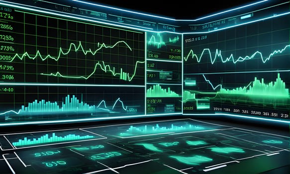 A wall of computer monitors displays an array of financial data, including line charts and bar graphs. The data is presented in a digital format with green lines and bars on a black background.