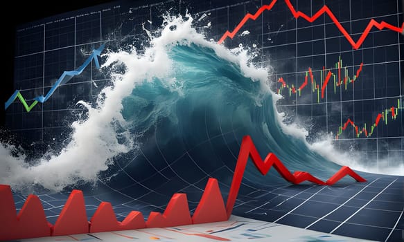 A large wave crashes over a financial graph, symbolizing market volatility. The wave is breaking over red, downward trending lines, suggesting a potential downturn.