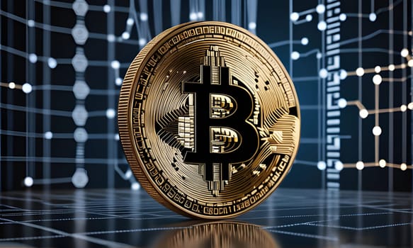 A single Bitcoin coin, a prominent cryptocurrency, sits on a grid pattern surface, with a black background featuring a stylized network of lines and nodes. The coin is metallic gold, with intricate patterns on its face, and the B of Bitcoin is centered in black against a gold background.