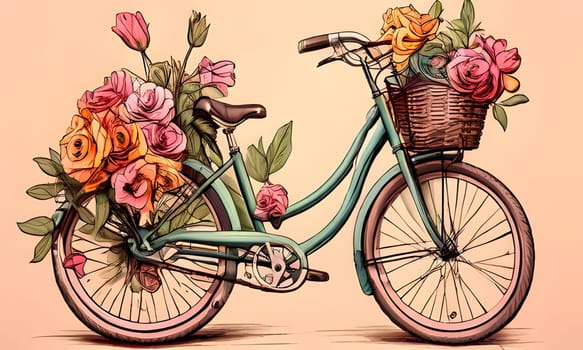 A hand-drawn illustration depicts a vintage bicycle with a wicker basket overflowing with pink and yellow roses. The bicycle is light blue and has a pink tire with white spokes. The background is a soft peach color.