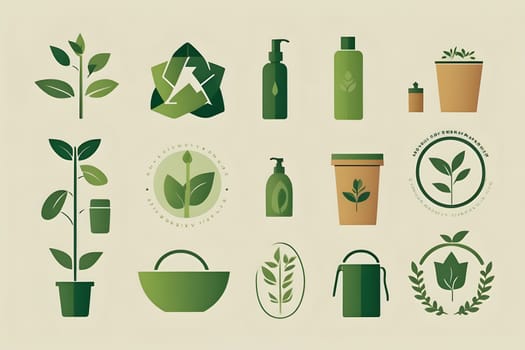 A collection of green leaf and plant icons representing sustainability, nature, and eco-friendly products. The set includes various symbols like potted plants, recycle symbols, bottles, and other items related to environmental consciousness.