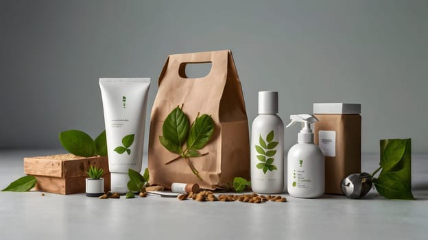 A selection of natural skincare products, including a tube of cream, two bottles of lotion, and a spray bottle, are arranged on a tabletop. The products are all white and have simple packaging with green leaves printed on them. A brown paper bag sits behind the products, and a small green plant is in a white pot next to a wooden box filled with brown materials. Green leaves are scattered around the products and a small stack of light brown nuts are placed in front of them.