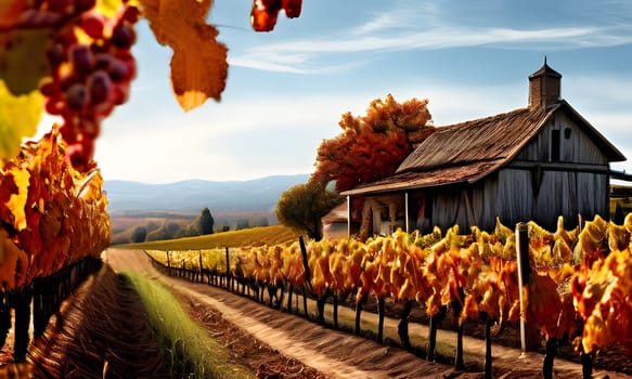 A rustic farmhouse sits among a picturesque vineyard, surrounded by rows of grapevines with vibrant autumn foliage. The vineyard is bathed in warm sunlight, casting long shadows on the ground. The farmhouse has a wooden exterior and a sloping roof. It appears to be a small, quaint dwelling, perhaps used for storing wine or as a residence for the vineyard workers.